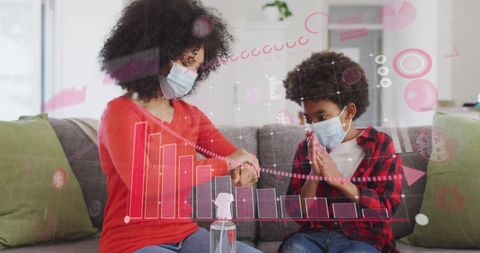 Mother and Son Practicing Hygiene with Masks, Digital Virus Display