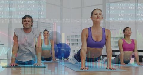 Urban Yoga Class Doing Upward Dog with Financial Data Overlay for Wellness Analytics