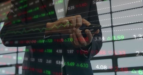 Businessman Utilizing Smartphone with Overlayed Stock Data