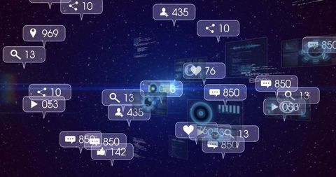 Floating Holographic Icons Visualizing Digital Data Analytics