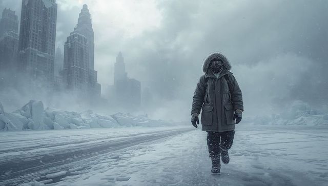 Solitary figure walking in icy urban landscape