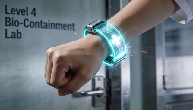 Wearable holographic access band granting secure entry to level 4 bio-containment lab