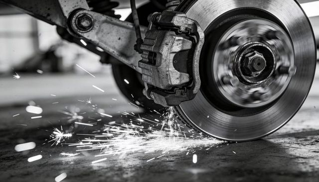 Brake rotor rotating and caliper spraying sparks across garage floor during brake grinding