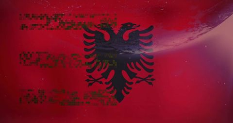 Albanian double-headed eagle silhouette over crimson space horizon with pixel glitch and moon