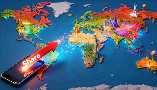 Smartphone sharing arrow projecting across vibrant world map with global landmarks