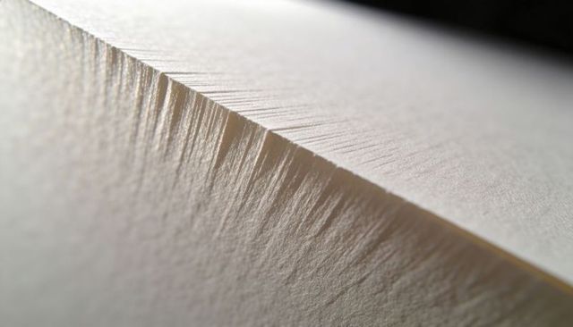 Macro deckle edge on textured paper revealing torn fibers and subtle studio shadows