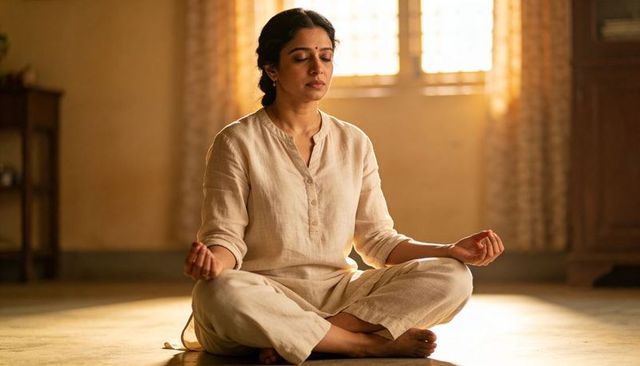 Sunlit woman meditating cross-legged in minimalist neutral home wearing kurta and pants, serene
