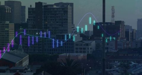 Urban skyline displaying finance candlestick chart overlay with trend line and visualization