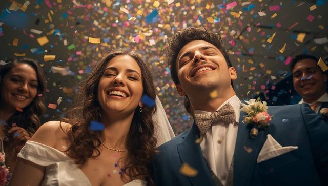 Joyful Newlywed Couple Celebrating with Falling Confetti
