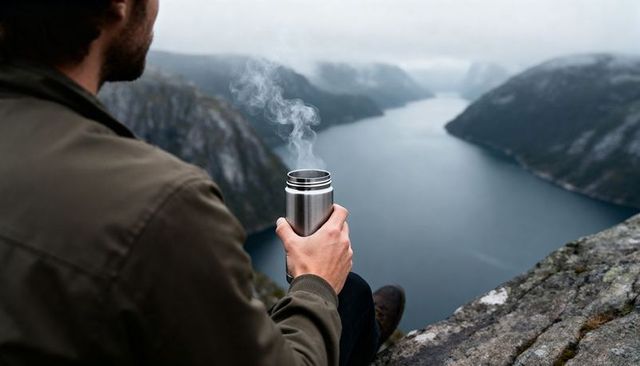 Hiker sitting on cliff holding steaming thermos overlooking misty fjord panorama