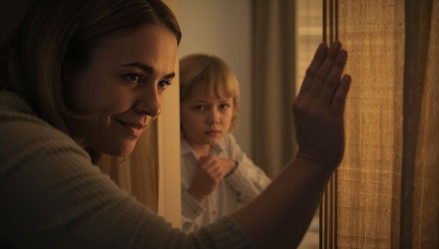 Woman peeking through curtain while child watching in warm evening light