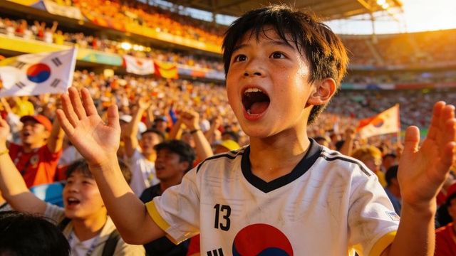 Young south korean fan cheering in stadium wearing number 13 jersey at sunset
