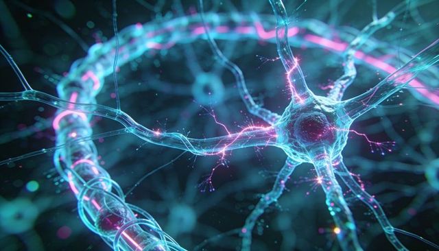 Glowing neuron with sparking synapses and myelinated axon, 3d neural network rendering