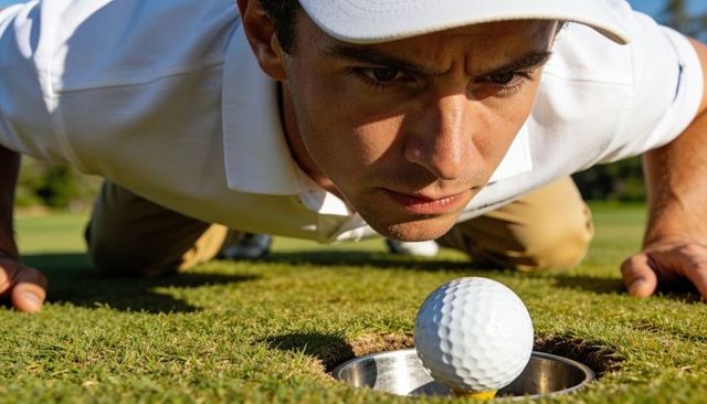 Intense golfer inspecting ball at cup rim on putting green, close-up perspective