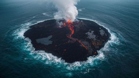 Emerging Volcanic Island with Explosive Lava Flowing into Ocean