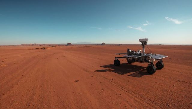 Exploration rover navigating mars-like desert terrain