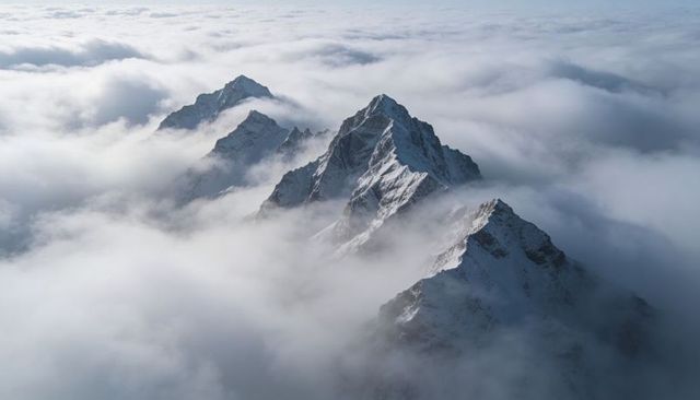 Piercing snow-capped peaks rising through low clouds over alpine ridgelines