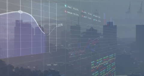 Data Processing Animation Over Cityscape Background