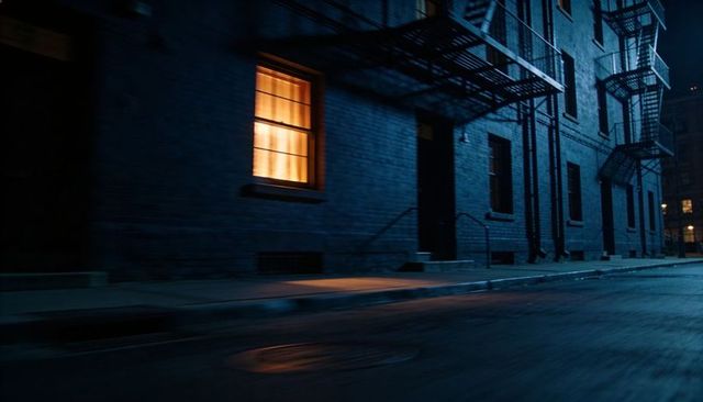 Glowing apartment window casting warm amber light on wet urban street at night