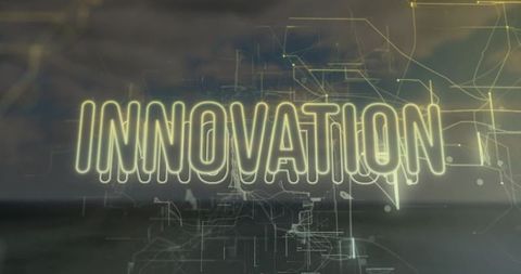 Glowing neon innovation text floating over futuristic circuit grid and sea horizon