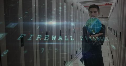 Cyber Attack Simulation in Server Room with Firewall Warning