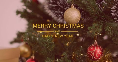 Festive Christmas Tree with Baubles and Holiday Wishes Text