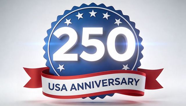 250th usa anniversary celebrating national milestone with patriotic blue seal and ribbon