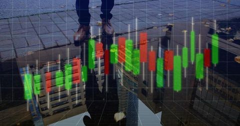 Businessman reflection with candlestick trading chart and 3d grid on wet city pavement