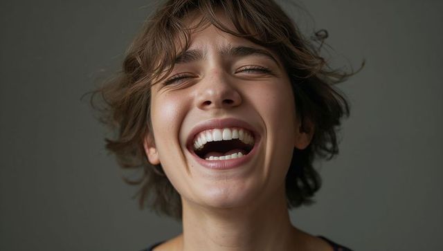 Laughing young woman with open mouth and squinting eyes, joyful closeup portrait, candid headshot