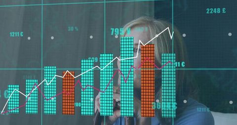 Businesswoman Presenting Financial Charts Through Glass Panel Holding Microphone and Glasses