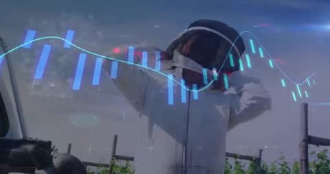 Beekeeper with Helmet Overlaid by Futuristic Financial Graph