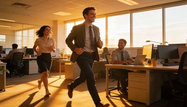 Young professionals running through sunlit open-plan office conveying momentum and energy