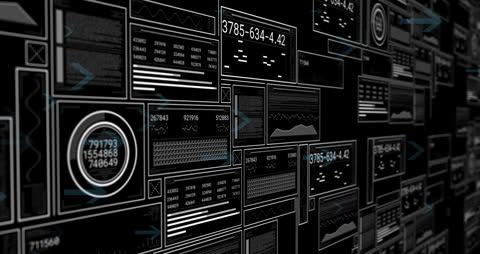 Futuristic Digital Interface with Data Panels and Graphs