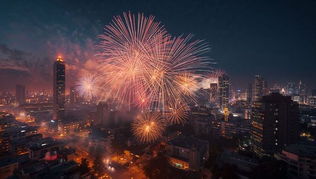 Vibrant fireworks illuminate urban skyline at night