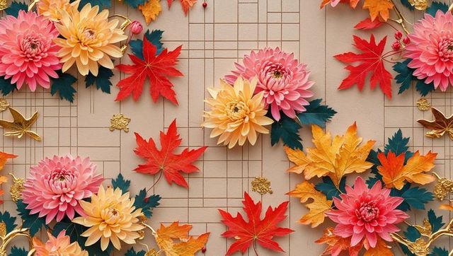 Elegant Floral Pattern with Chrysanthemums and Autumn Leaves