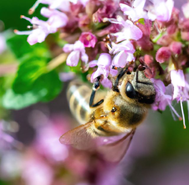 Close-up of a bee pollinating pink flowers in a garden highlights nature's beauty and biodiversity. Ideal for use in educational materials, environmental campaigns, gardening blogs, and nature photography collections.