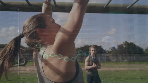 Athletes Competing on Monkey Bars with Data Analysis Overlay