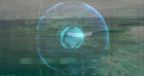 Floating holographic globe over ocean with futuristic geospatial hud interface and dotted spiral rin