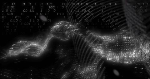 Pulsing wavy data surface creating futuristic monochrome binary landscape