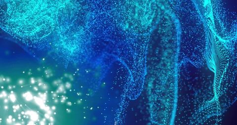 Luminescent cyan-teal particle wave flowing through abstract digital space with bokeh glow
