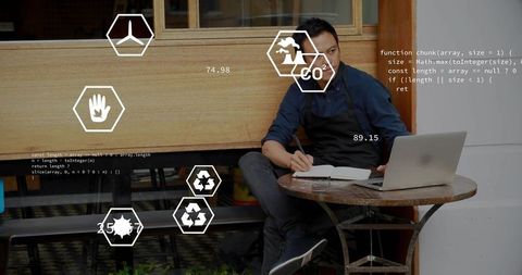 Barista taking notes at cafe with laptop and notebook, tech overlays, urban storefront