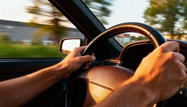 Close-up driver hands steering leather wheel during golden hour on suburban road