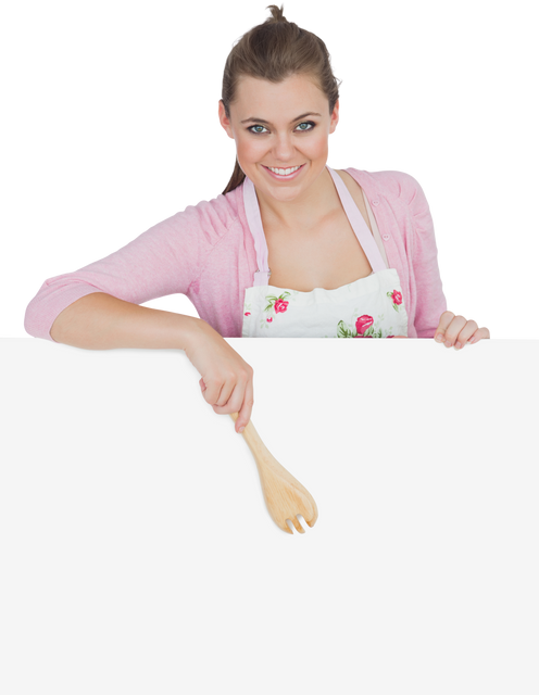 Smiling Woman in Apron Pointing with Wooden Spoon Transparent Background - Download Free Stock Videos Pikwizard.com