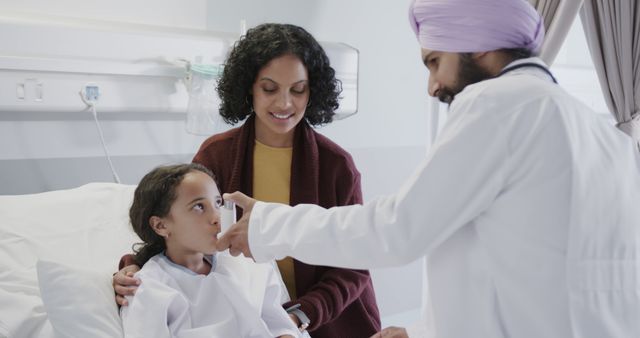 Doctor examining young patient in hospital, with supportive mother by the side, showing family care and medical attention. Ideal for illustrating healthcare services, doctor-patient relationship, family-oriented medical care, and parental support during hospital visits.