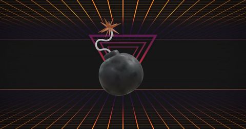 3d rotating bomb icon over neon grid and triangle background