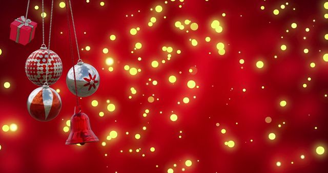 Christmas Baubles Hanging Among Glowing Lights on Red Background - Download Free Stock Images Pikwizard.com