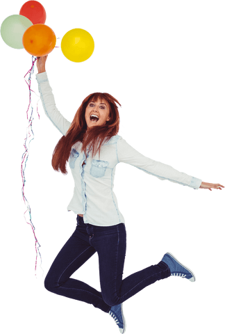 Joyful Young Woman Leaping with Colorful Balloons Transparent Background