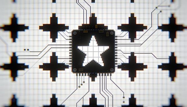 Star cutout microchip on grid circuit with cross nodes minimalist monochrome schematic