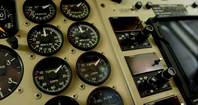 Close-up of Aircraft Cockpit Instrument Panel with Gauges and Controls - Download Free Stock Images Pikwizard.com