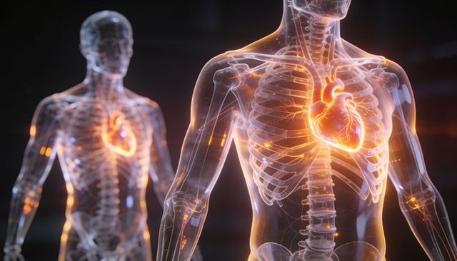 Translucent human torso revealing glowing heart, ribcage and vascular network